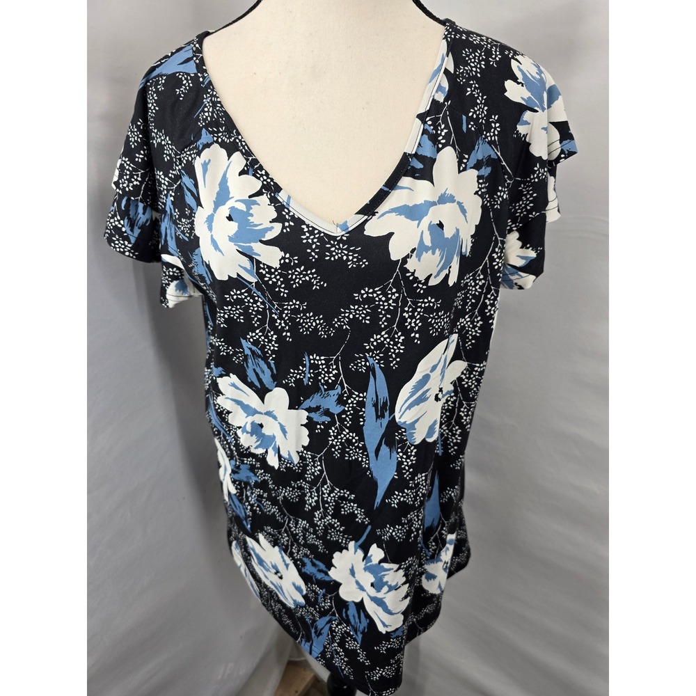 Freeoak Women Floral V-Neck Ruffle Short Sleeve Top Black Blue White Size L NWT